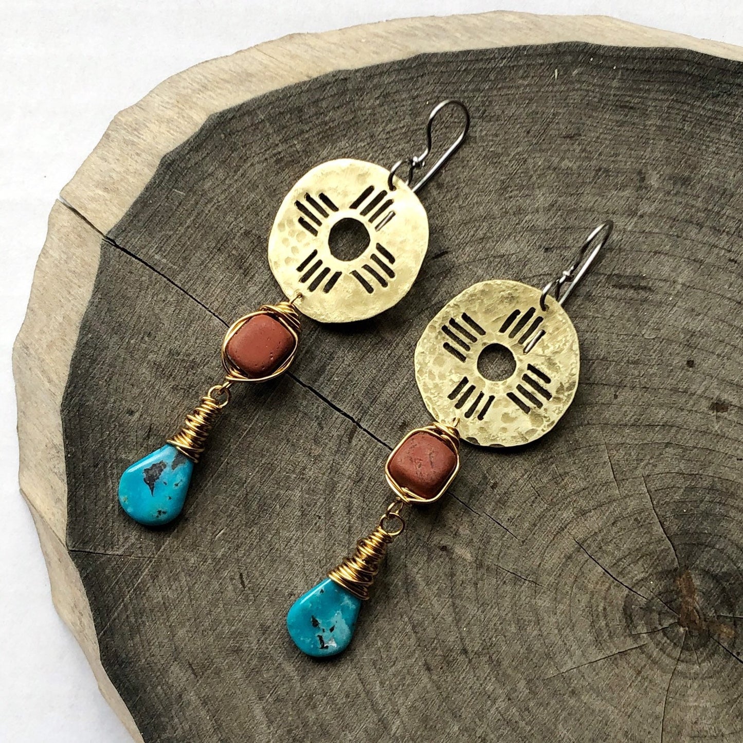 turquoise Zia drop earrings , New Mexico earrings , southwestern jewelry