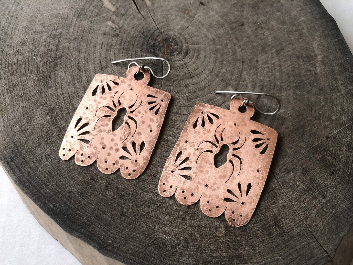 Handmade Metal Papel Picado Spider Earrings with Onyx Beads