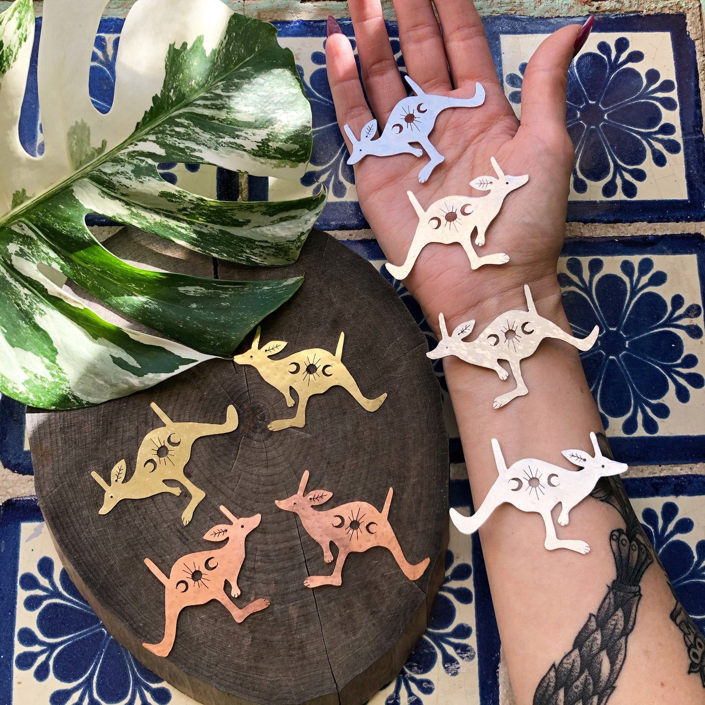 Celestial Kangaroo Earrings: Hammered Brass, Copper, or Aluminum
