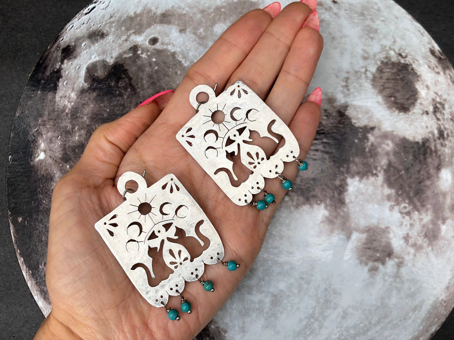Handmade Papel Picado Cat Earrings: Aluminum Turquoise Bead Dangles