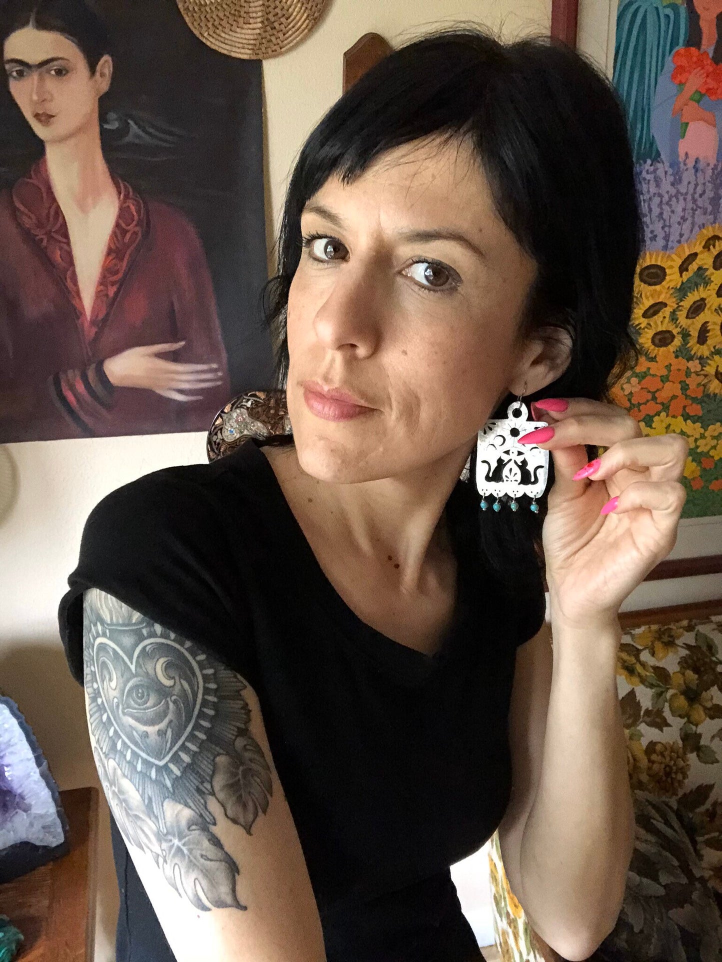 Handmade Papel Picado Cat Earrings: Aluminum Turquoise Bead Dangles