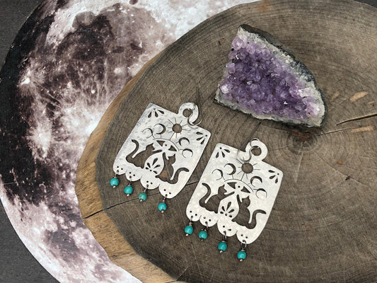 Handmade Papel Picado Cat Earrings: Aluminum Turquoise Bead Dangles