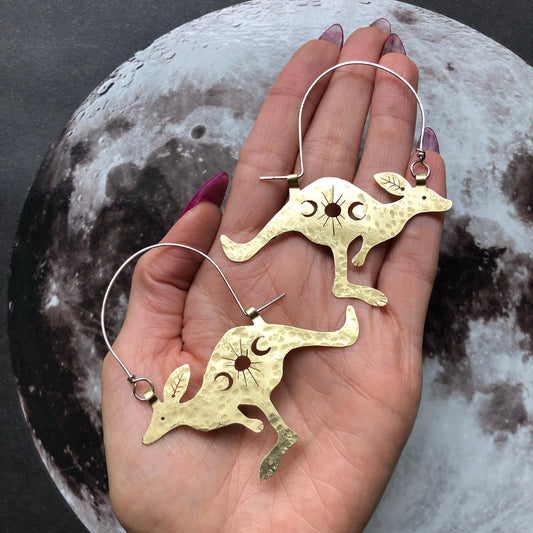Celestial Kangaroo Earrings: Hammered Brass, Copper, or Aluminum