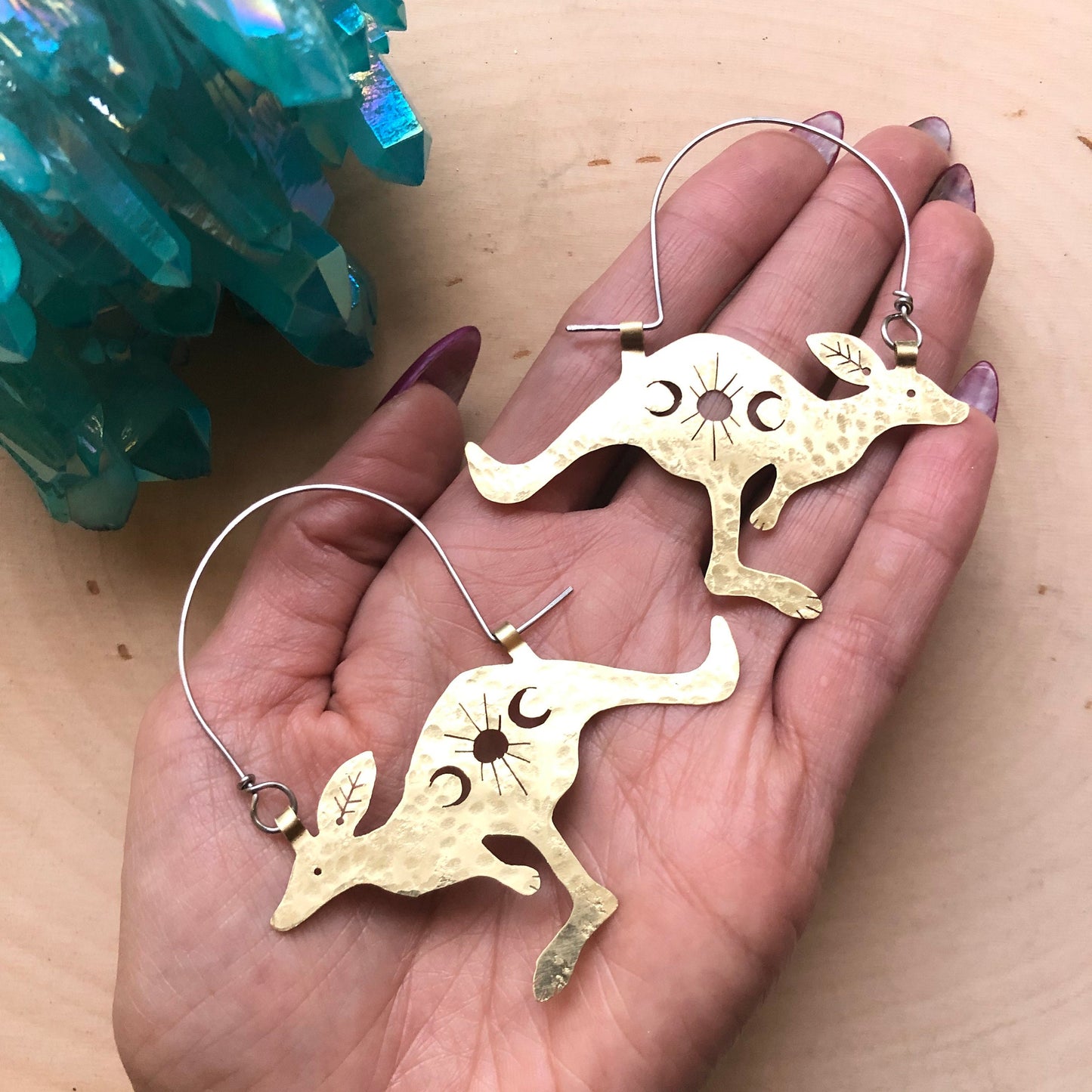 Celestial Kangaroo Earrings: Hammered Brass, Copper, or Aluminum