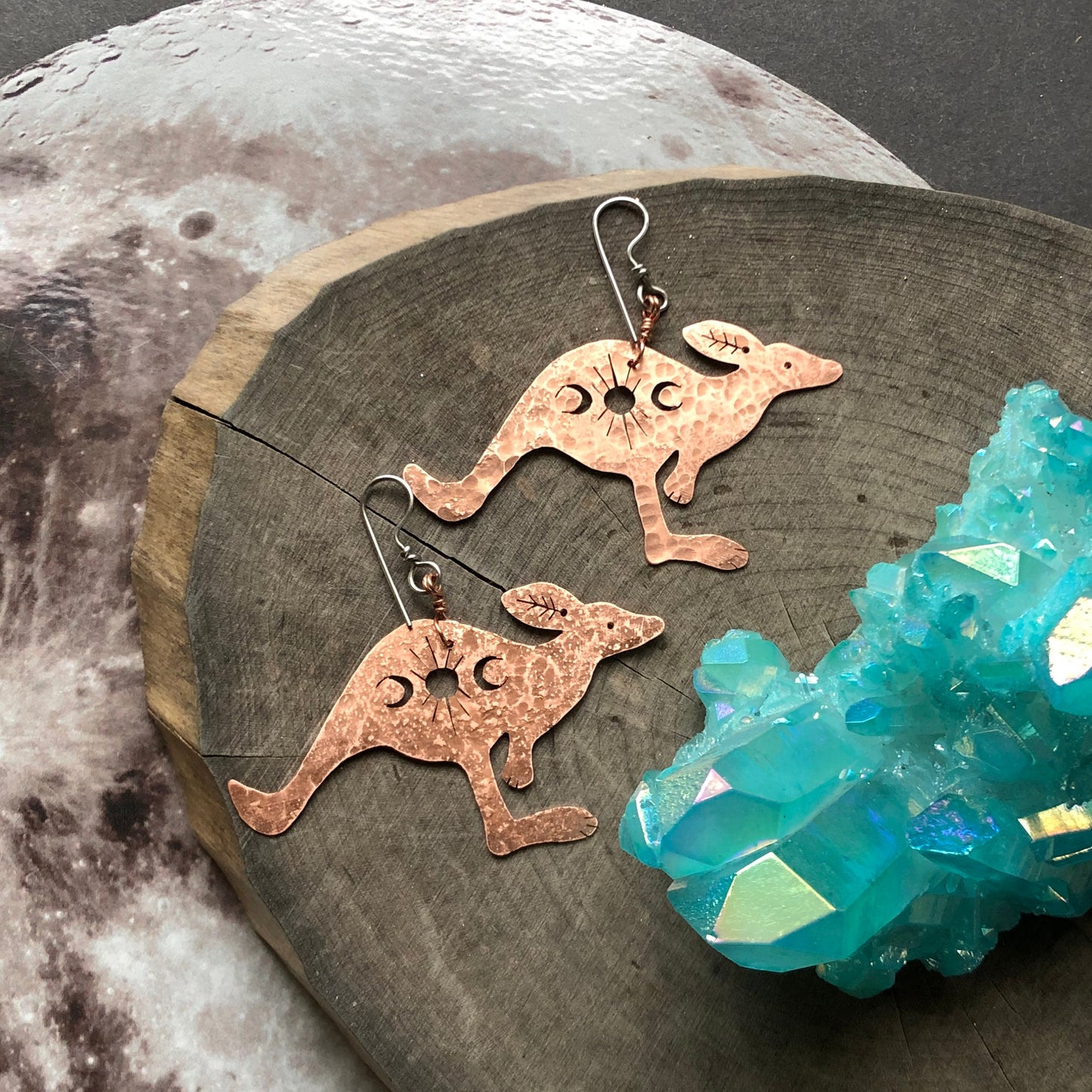 Celestial Kangaroo Earrings: Hammered Brass, Copper, or Aluminum