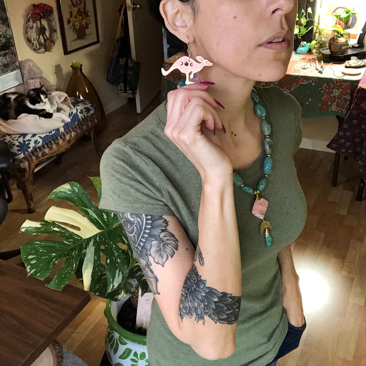 Celestial Kangaroo Earrings: Hammered Brass, Copper, or Aluminum