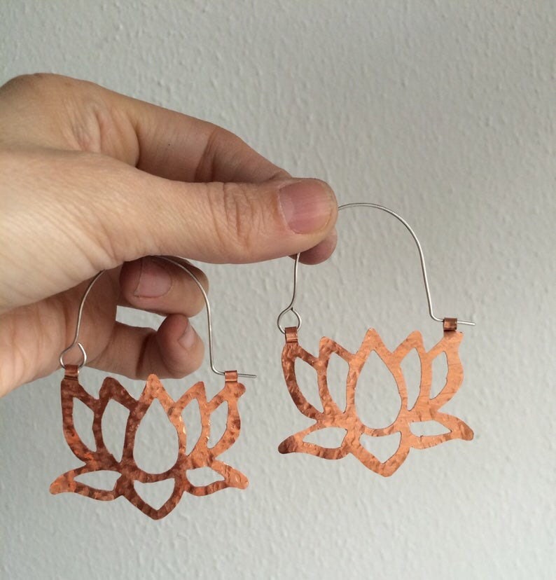 Hammered Metal Lotus Flower Hoop Earrings: Handmade Aluminum Jewelry