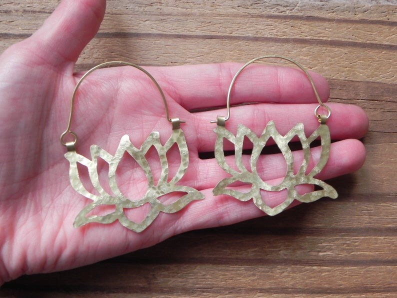 Hammered Metal Lotus Flower Hoop Earrings: Handmade Aluminum Jewelry