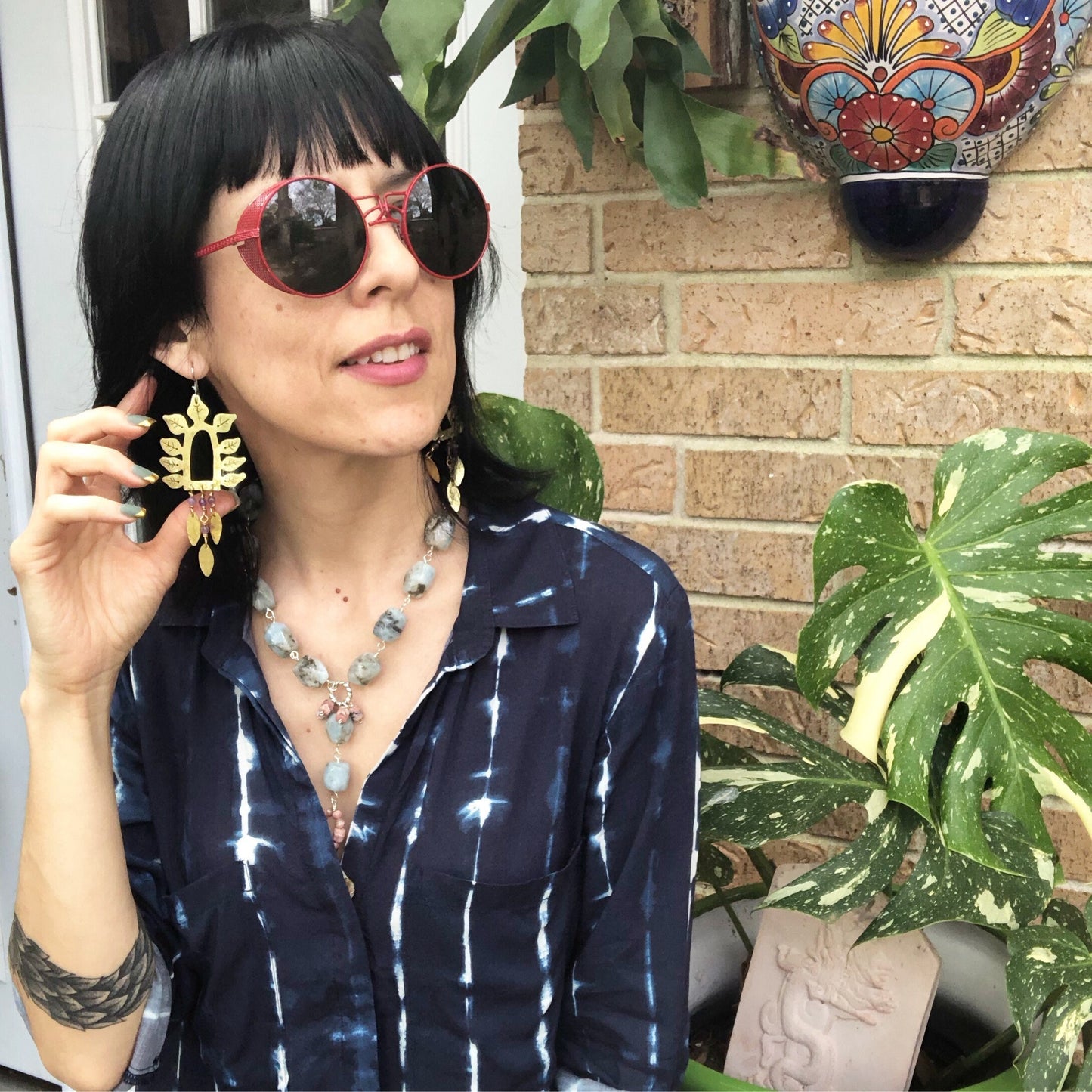 Hammered Brass Leaf Earrings: Turquoise Stone Fringe, Handmade