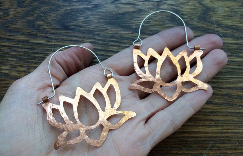 Hammered Metal Lotus Flower Hoop Earrings: Handmade Aluminum Jewelry