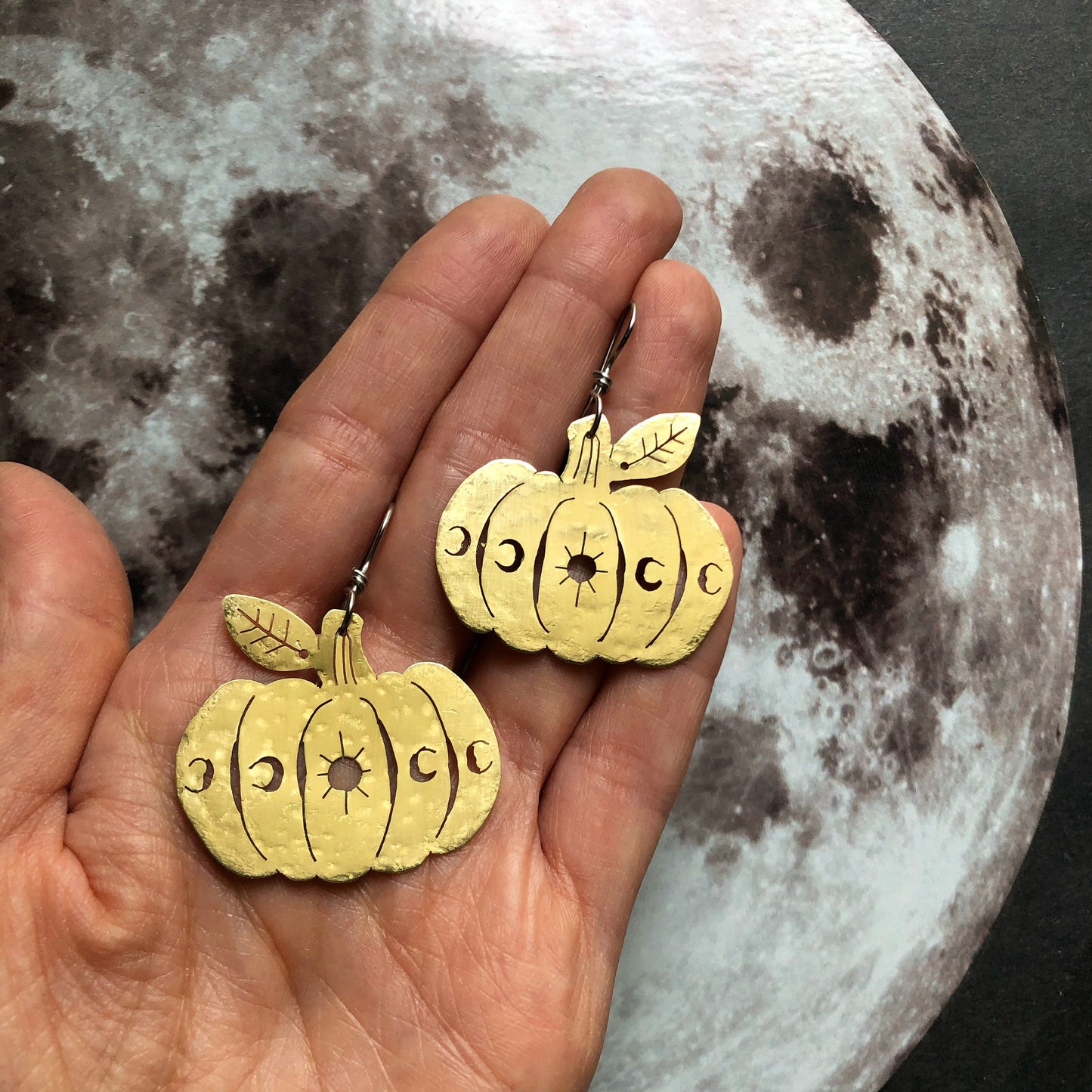 Handmade Celestial Pumpkin Earrings: Moon Phase Jewelry