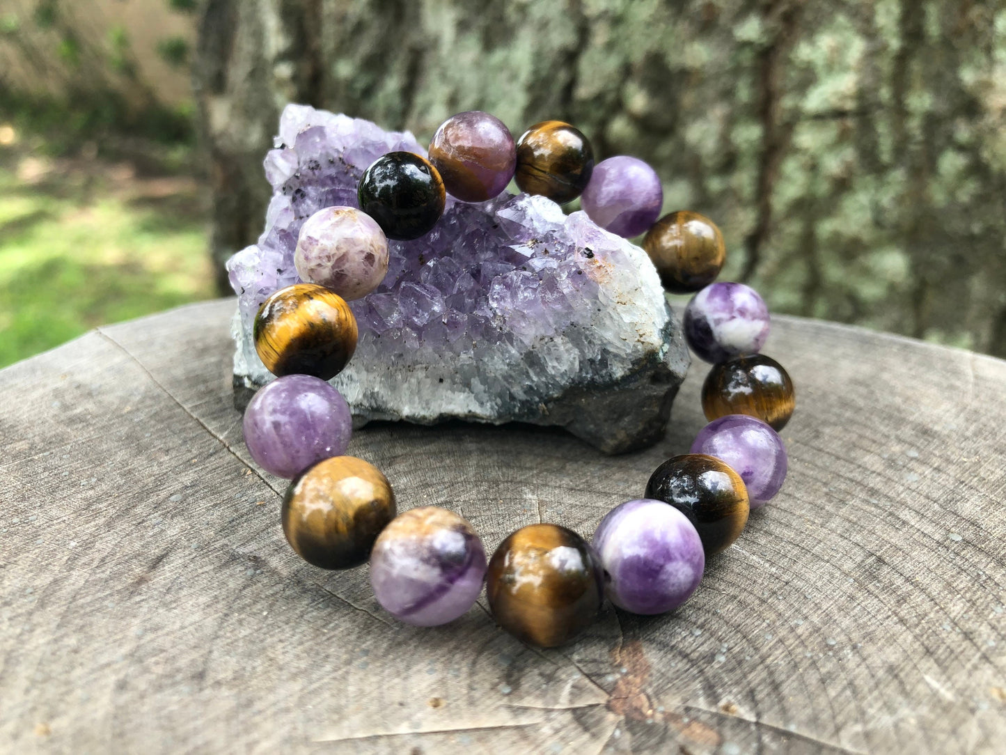 Amethyst & Tiger Eye Stretch Bracelet: Handmade Gemstone Jewelry