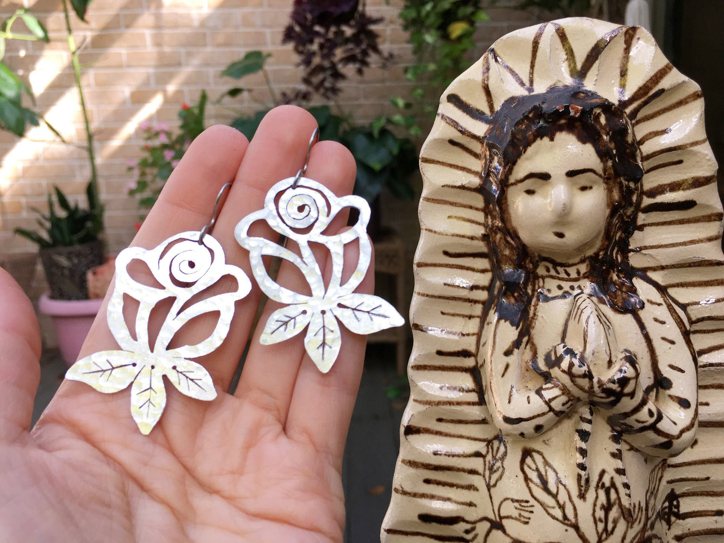 Metal Rose Earrings: Hand Cut Folk Art Jewelry