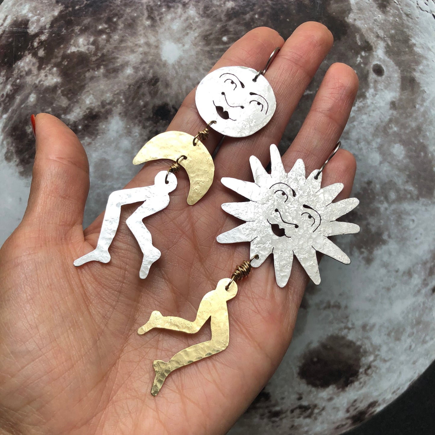 Leggy Luna and Sol Earrings: Handmade Surreal Celestial Jewelry