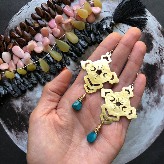 Solar phase earrings , Celestial brass and stone earrings