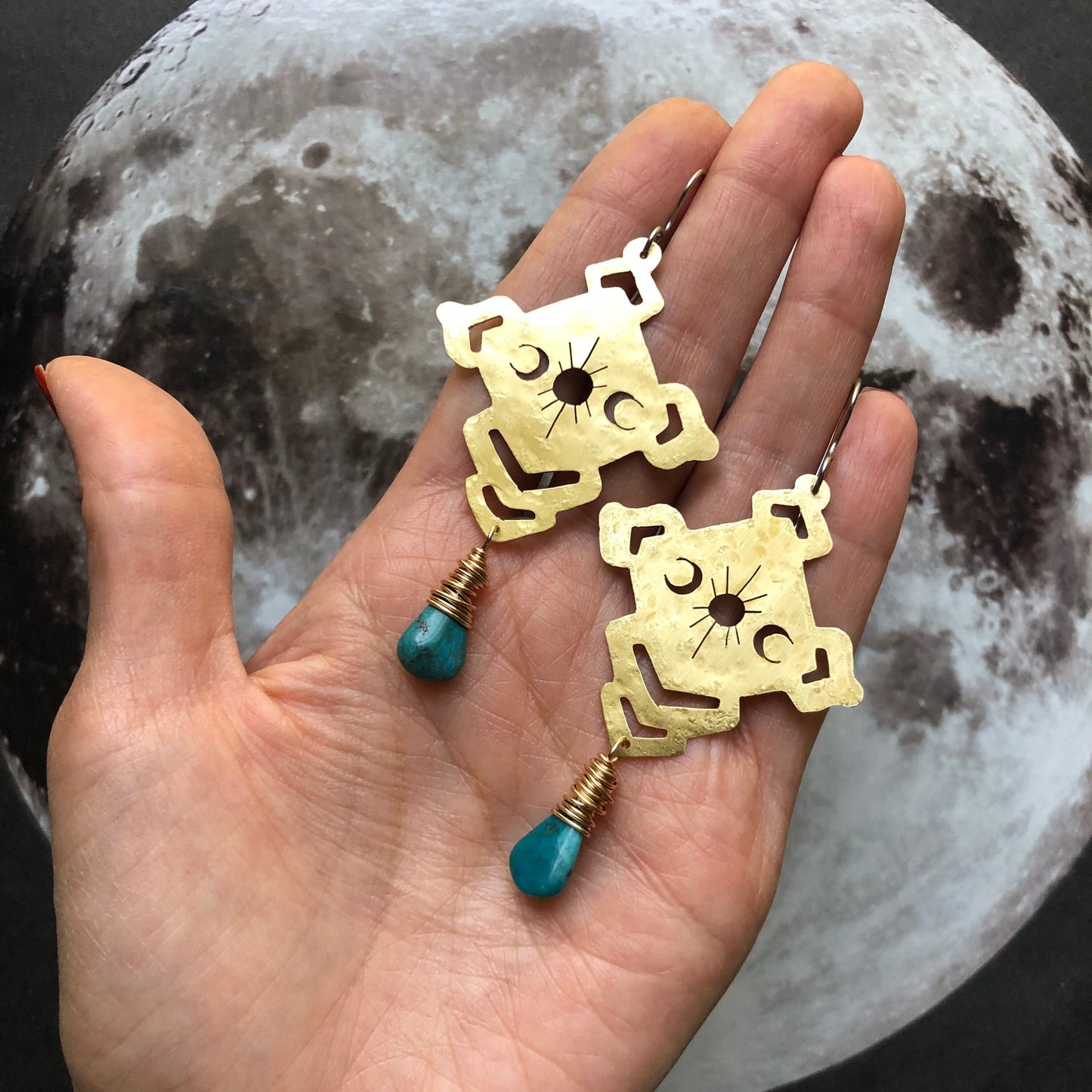 Solar phase earrings , Celestial brass and stone earrings