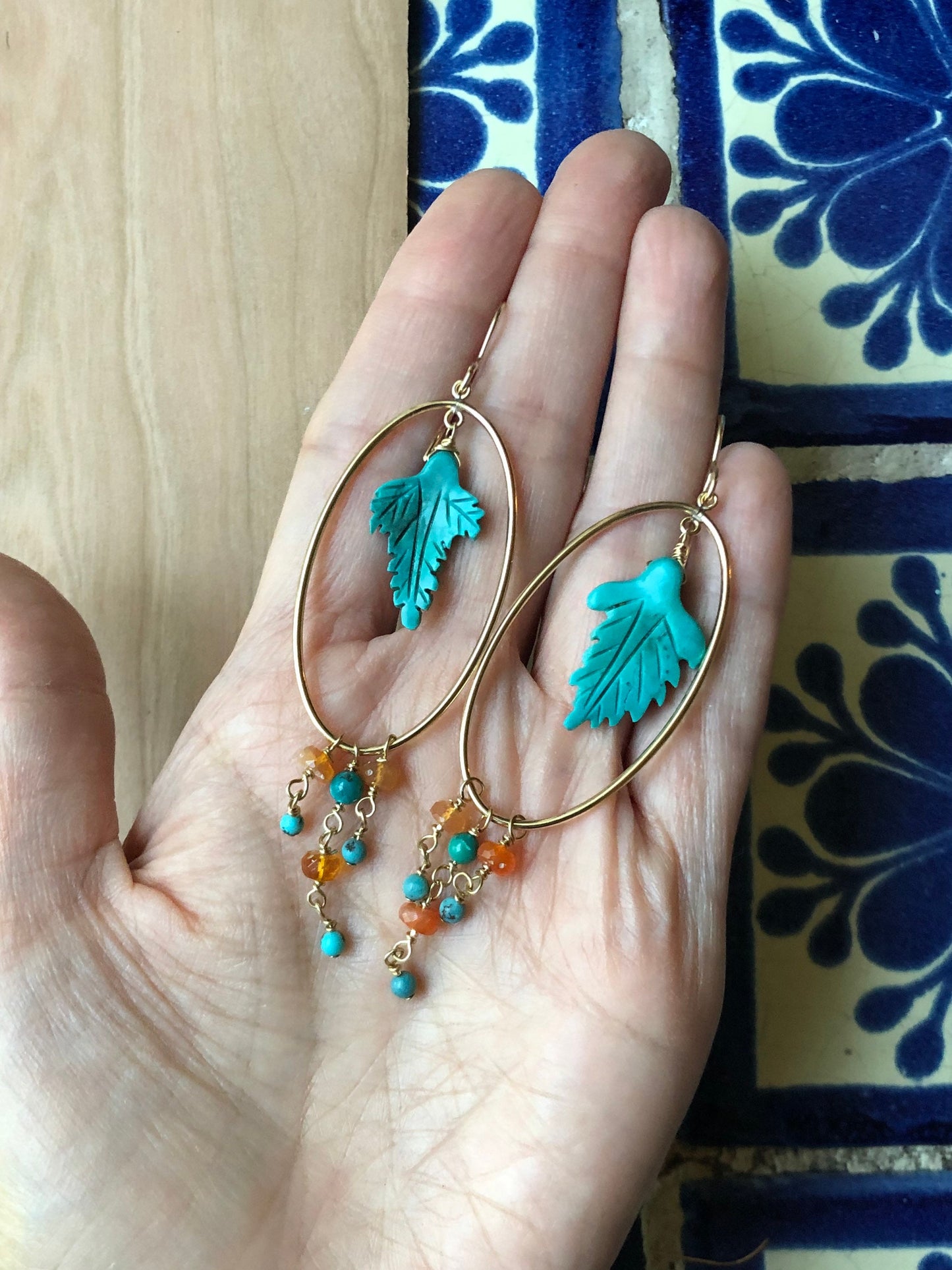 Turquoise leaf earrings, 14 k gold filled earrings