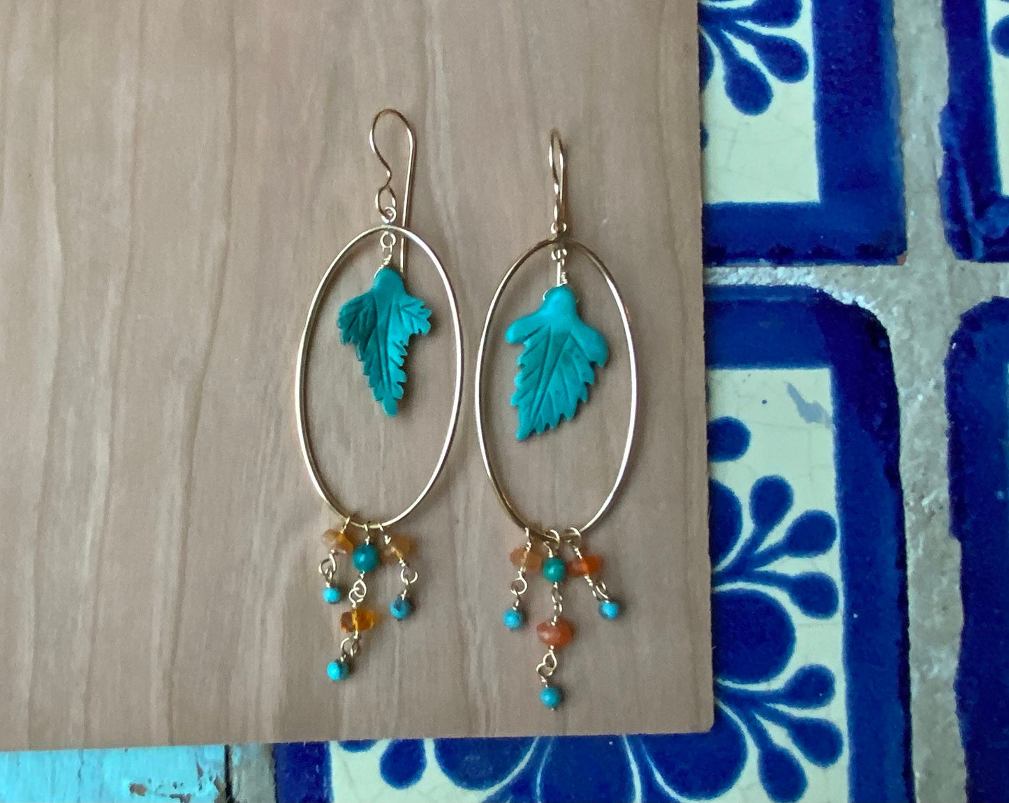 Turquoise leaf earrings, 14 k gold filled earrings