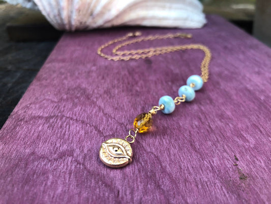 Evil eye lariat necklace, larimar y necklace