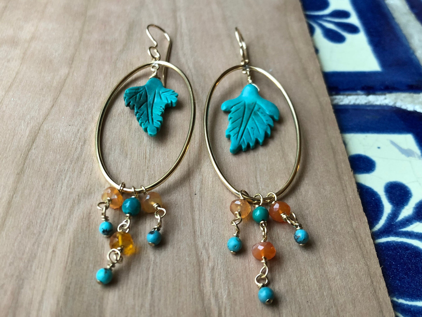 Turquoise leaf earrings, 14 k gold filled earrings