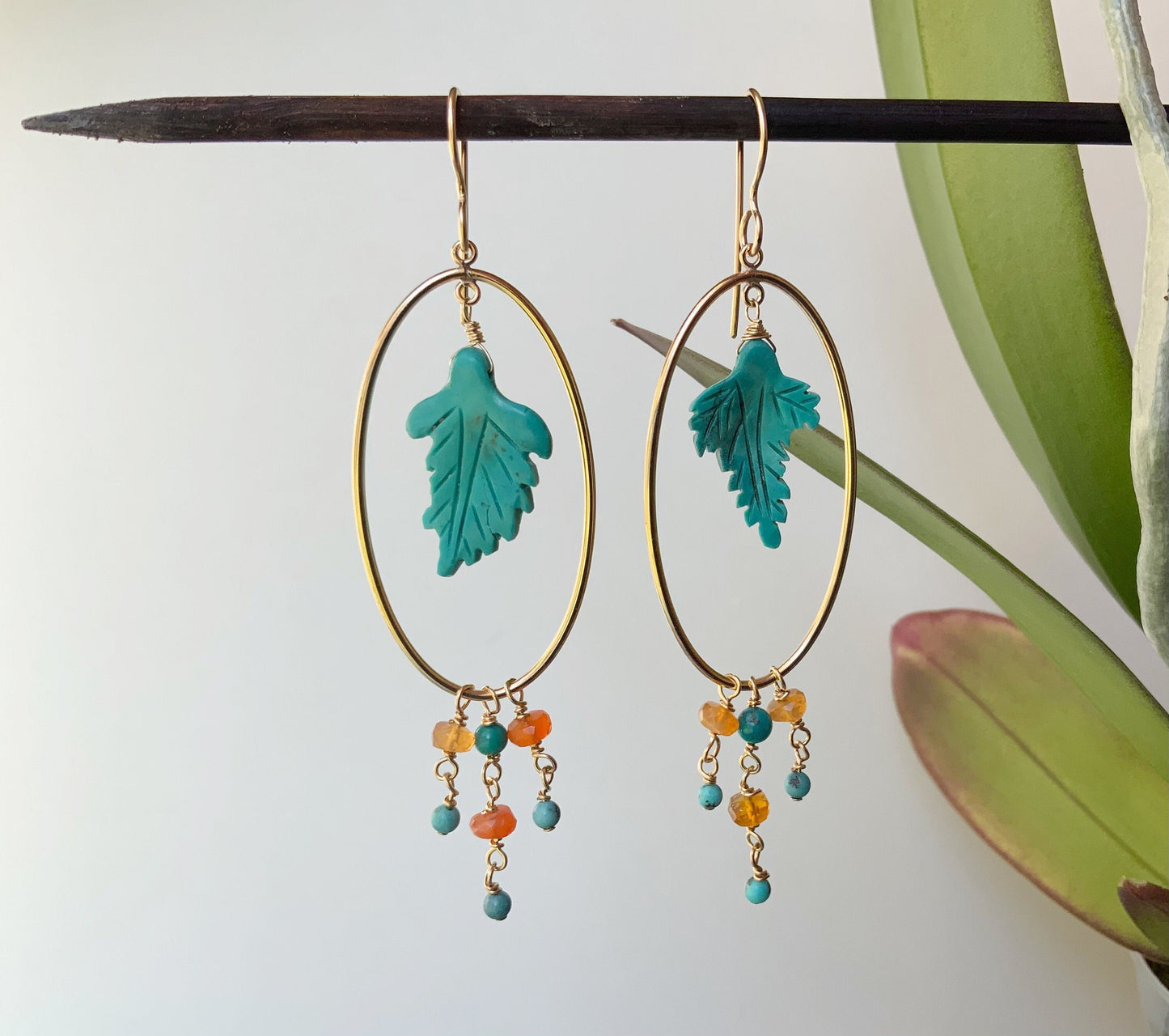 Turquoise leaf earrings, 14 k gold filled earrings