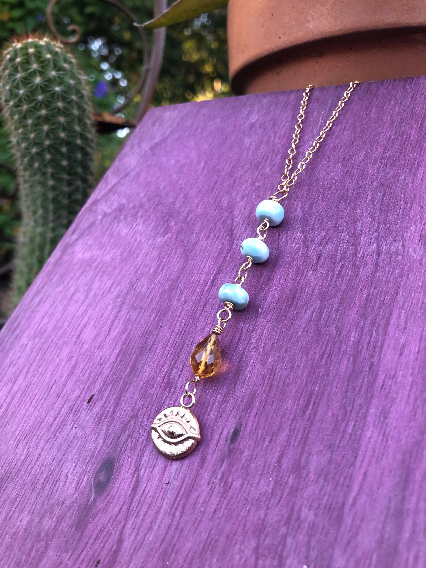 Evil eye lariat necklace, larimar y necklace