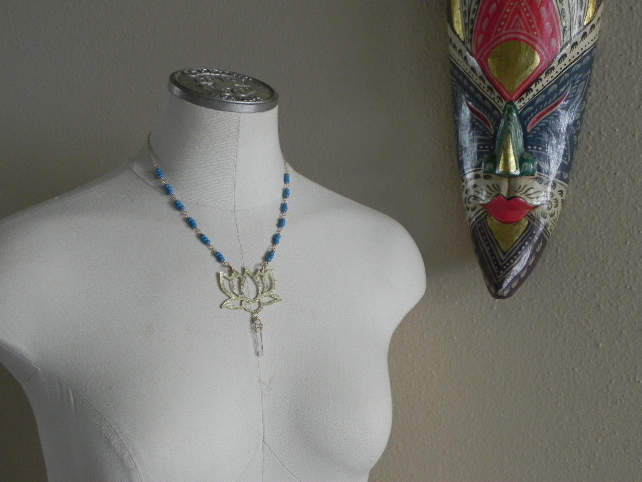 Handmade Lotus Flower Necklace: Magnesite Beads, Rock Crystal Point