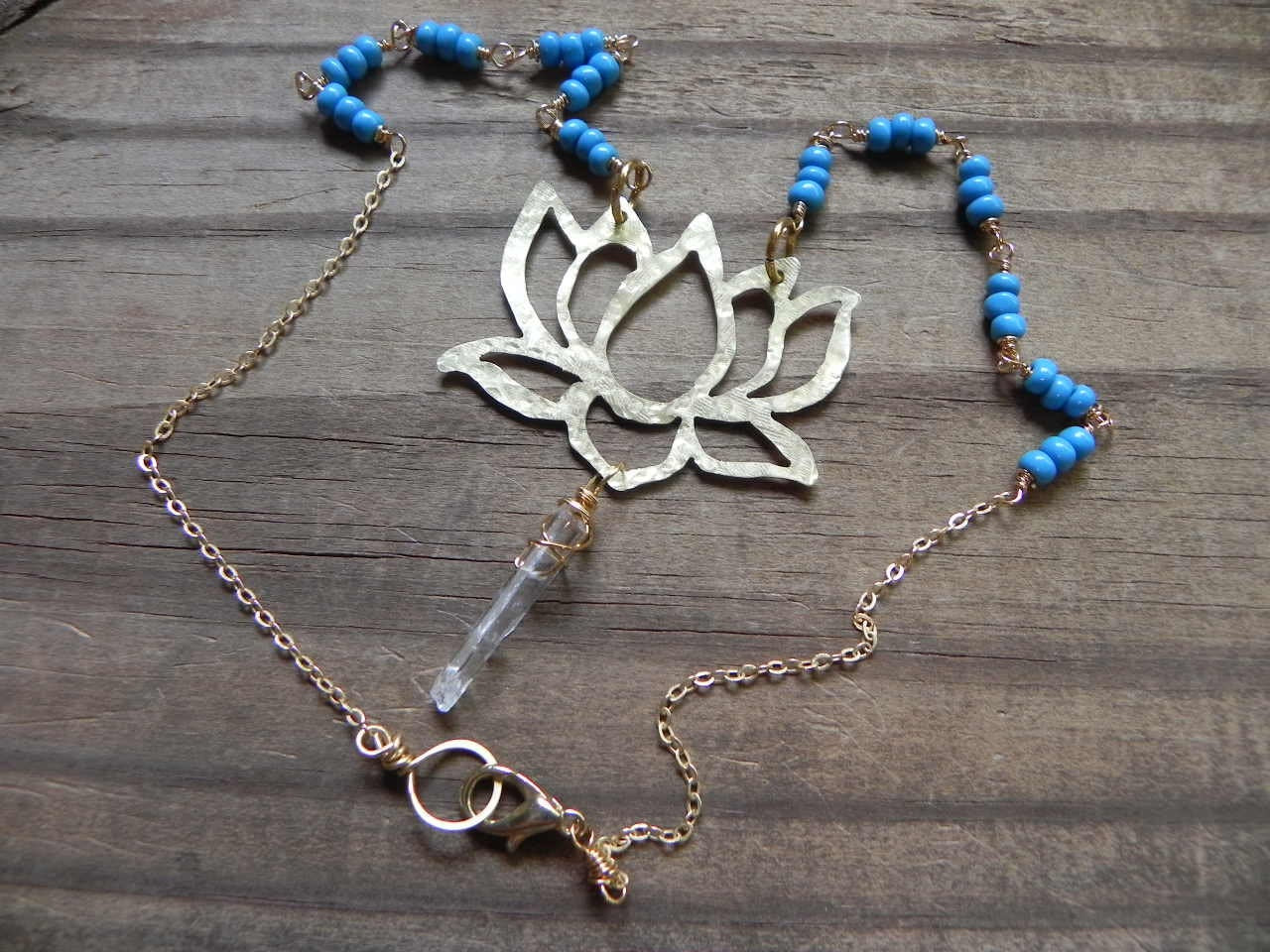 Handmade Lotus Flower Necklace: Magnesite Beads, Rock Crystal Point