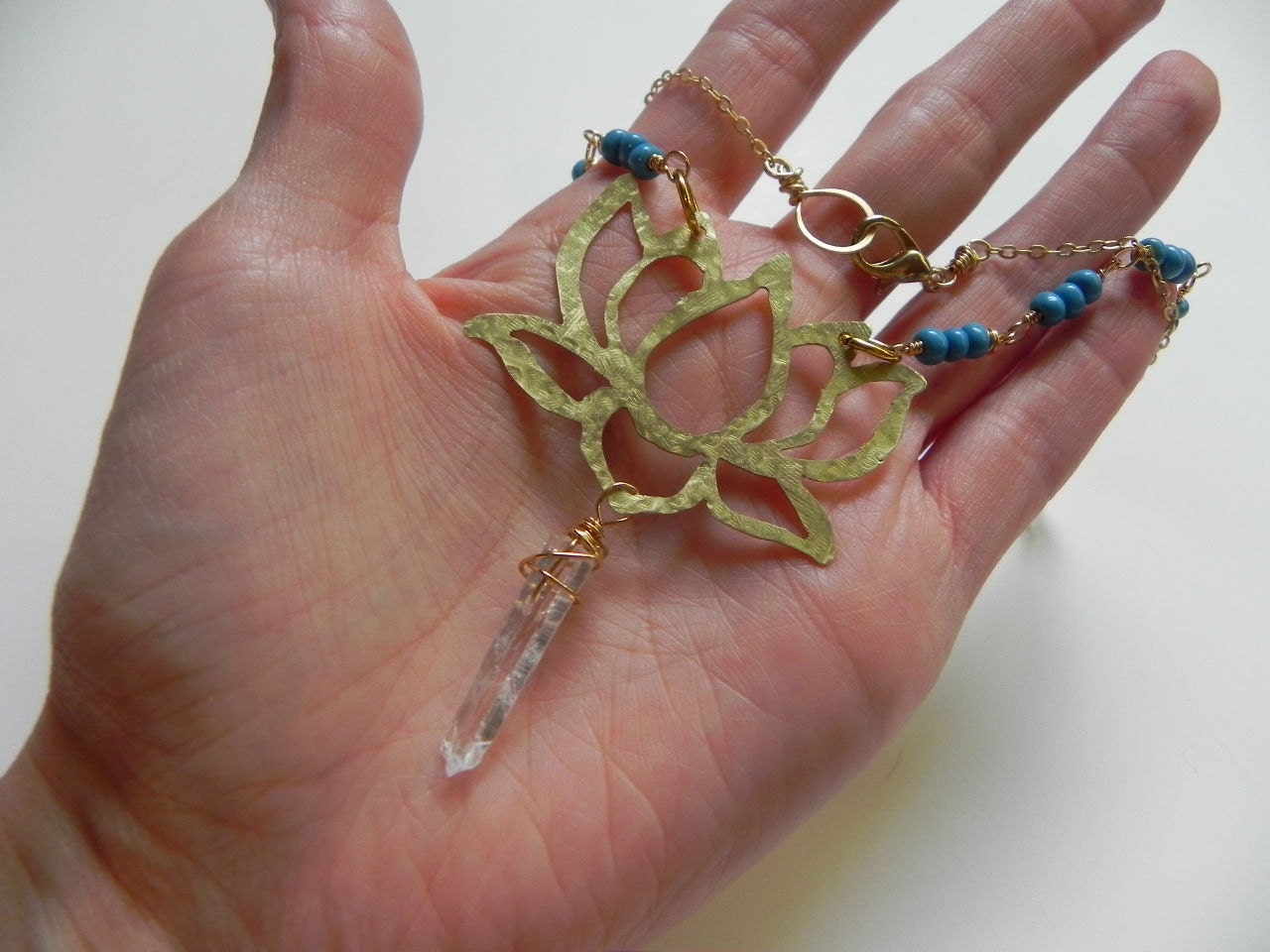 Handmade Lotus Flower Necklace: Magnesite Beads, Rock Crystal Point