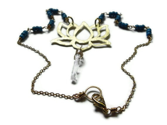 Handmade Lotus Flower Necklace: Magnesite Beads, Rock Crystal Point