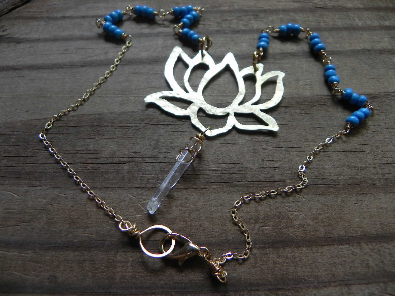Handmade Lotus Flower Necklace: Magnesite Beads, Rock Crystal Point