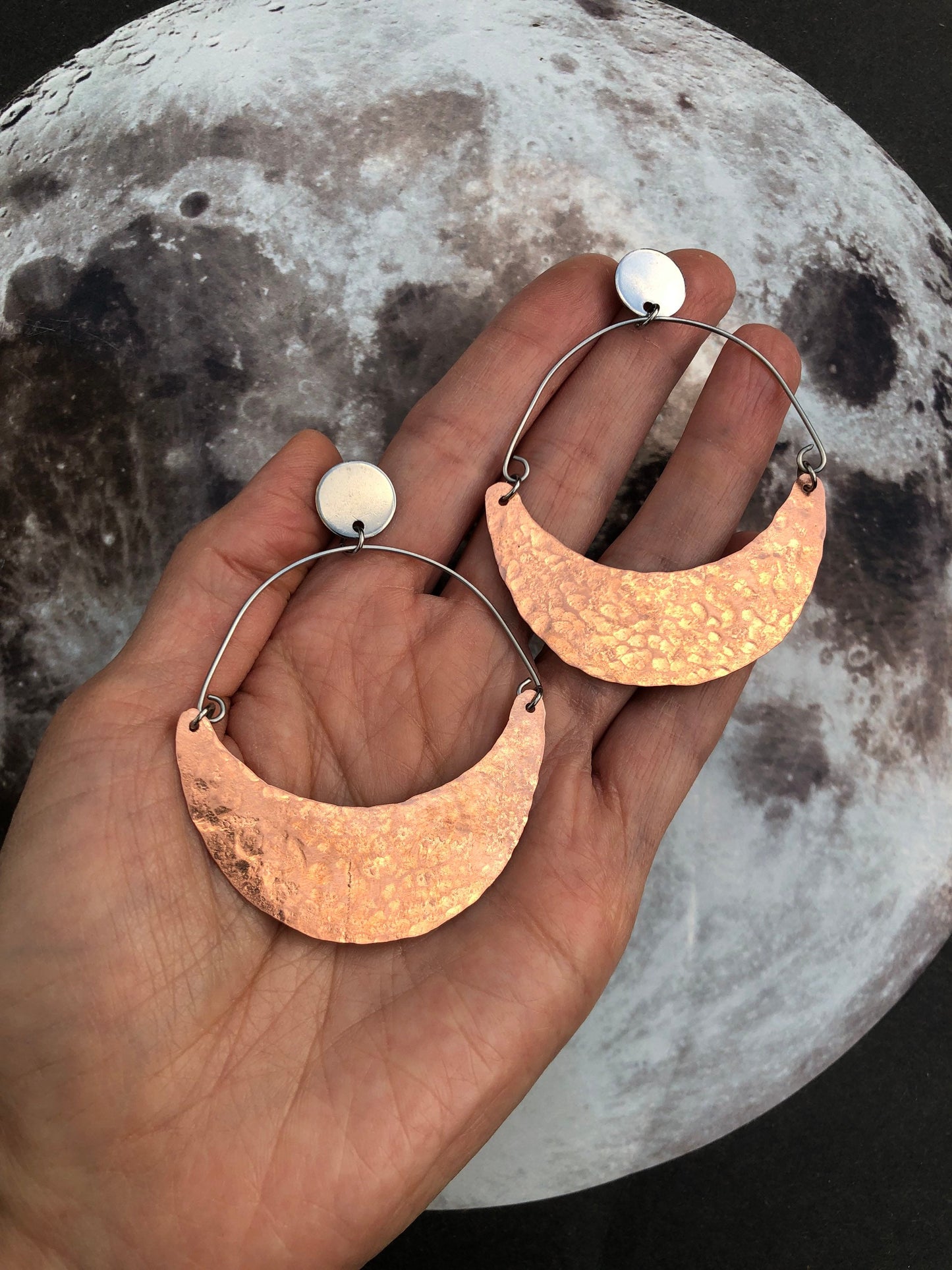 Hammered Copper Crescent Moon Earrings: Handmade Celestial Jewelry
