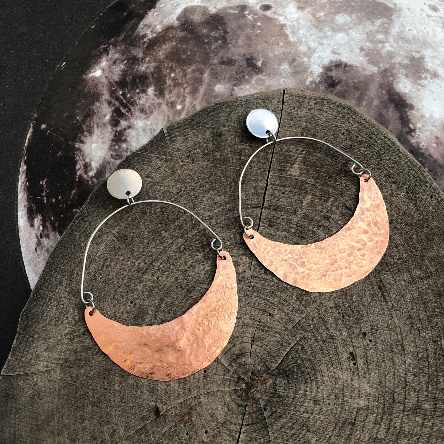 Hammered Copper Crescent Moon Earrings: Handmade Celestial Jewelry