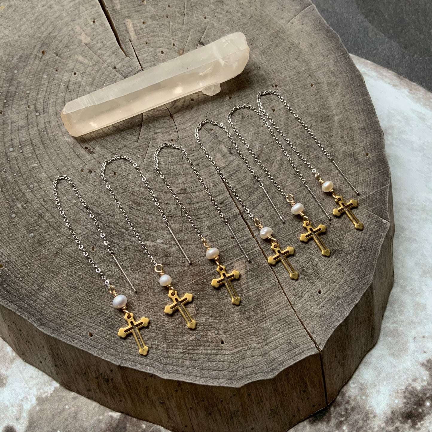 Brass Cross Threader Earrings: Freshwater Pearl, Mixed Metal Dangle