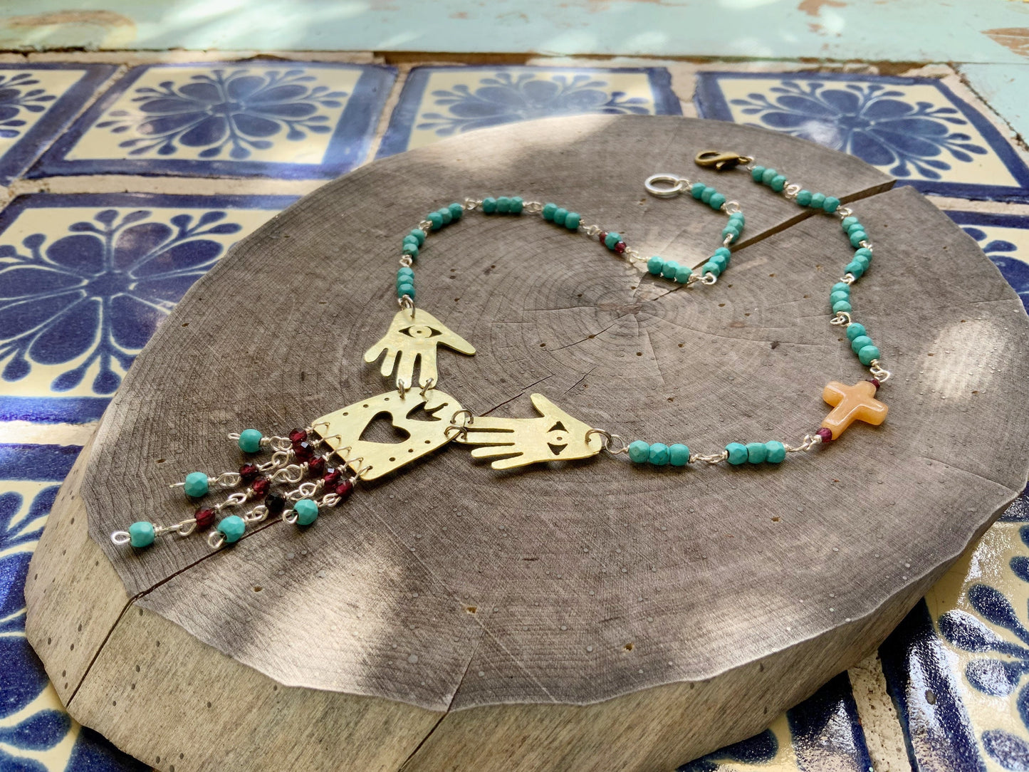 Brass Sacred Heart Necklace: Garnet Fringe, Mexican Folk Art