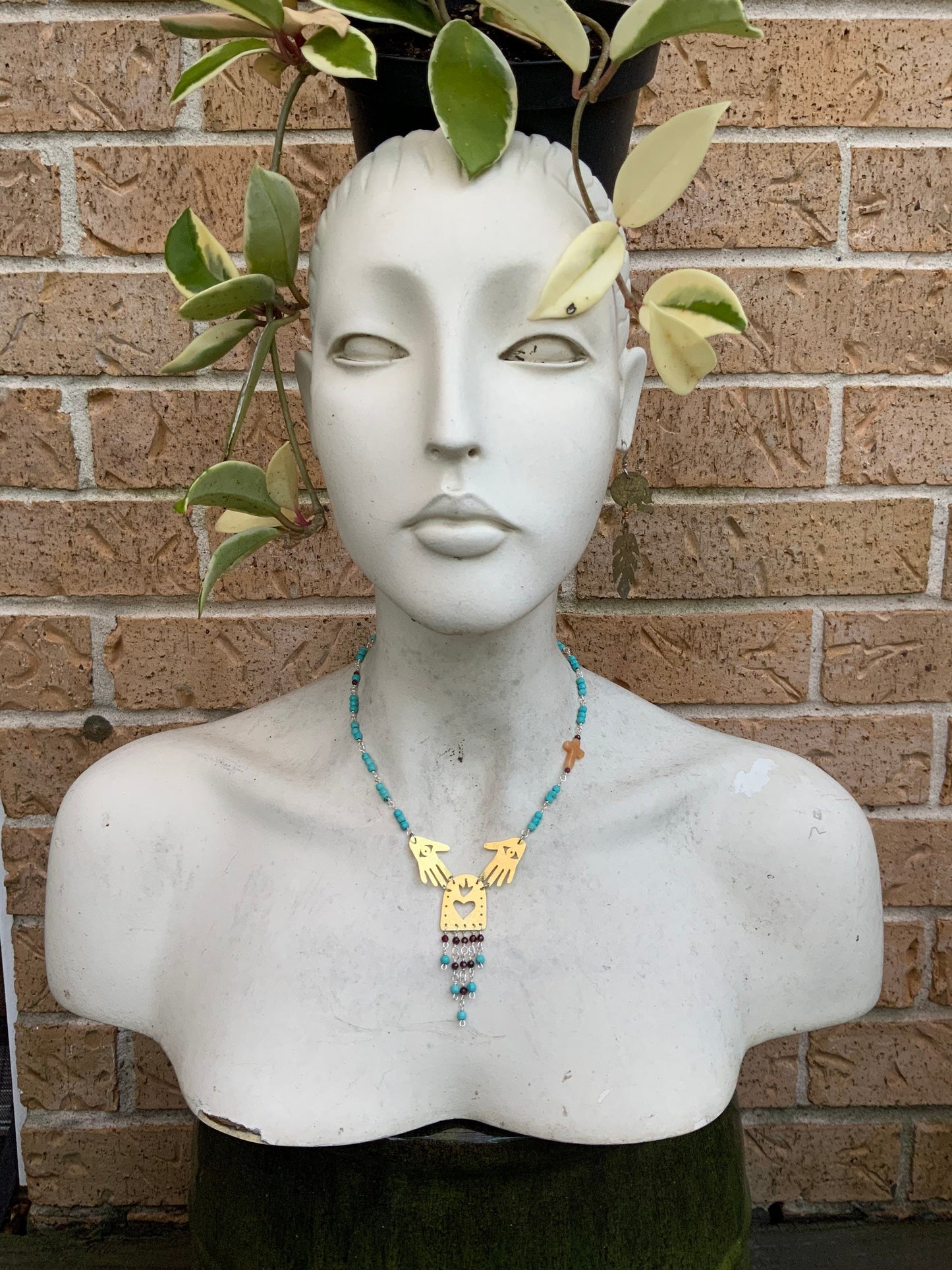 Brass Sacred Heart Necklace: Garnet Fringe, Mexican Folk Art