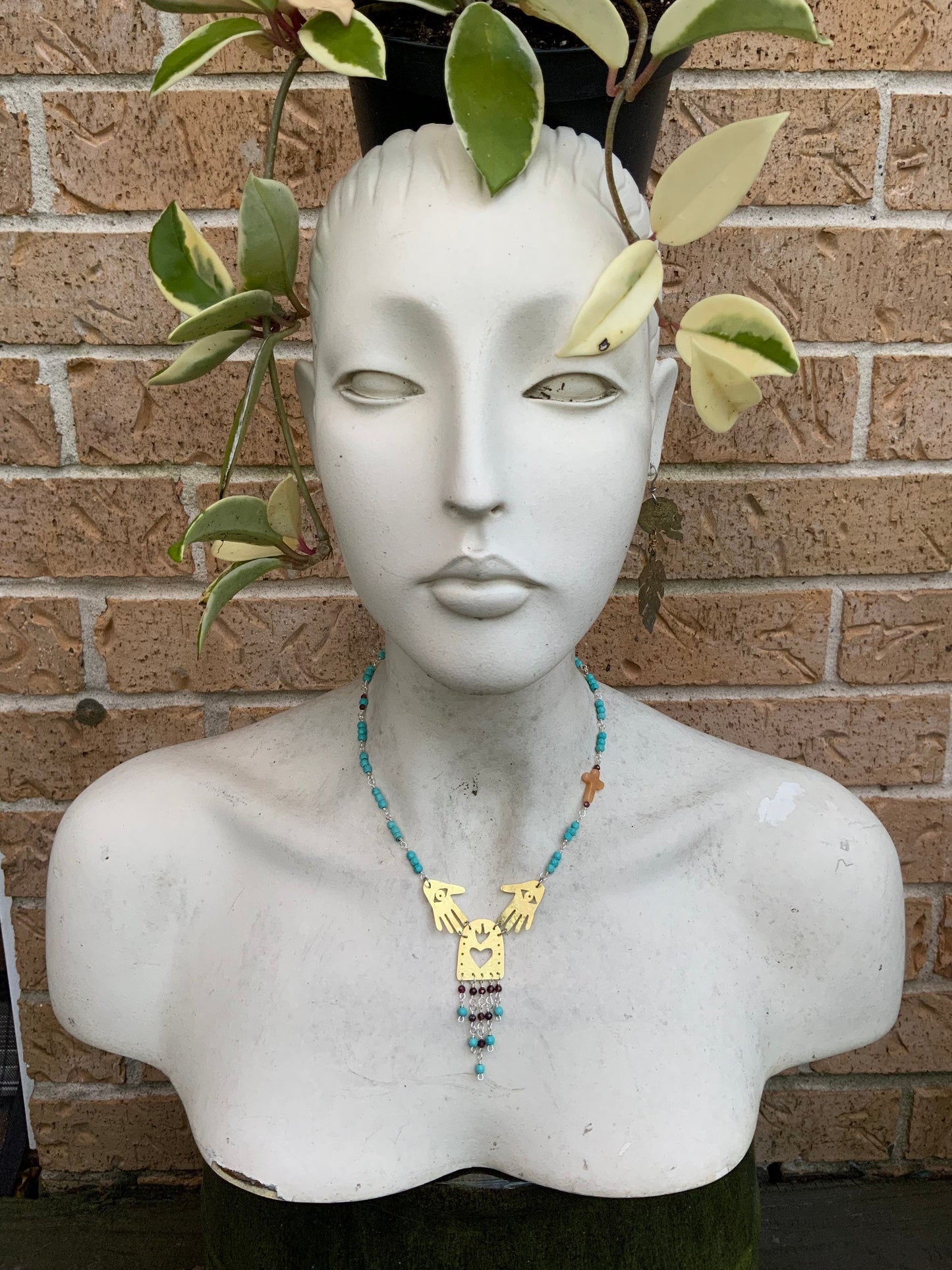 Brass Sacred Heart Necklace: Garnet Fringe, Mexican Folk Art