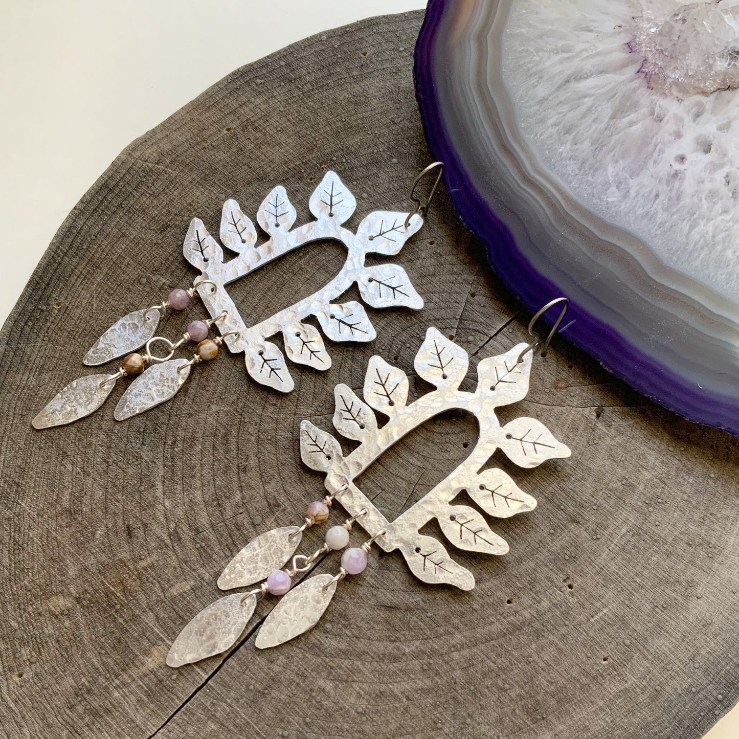 Hammered Brass Leaf Earrings: Turquoise Stone Fringe, Handmade