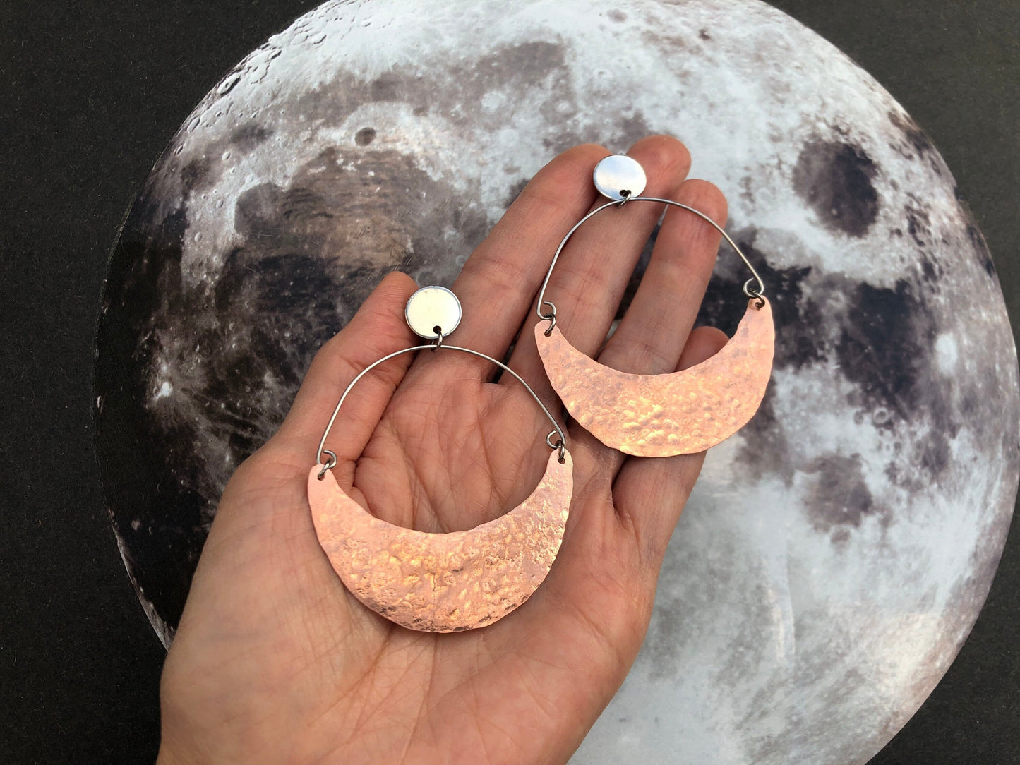 Hammered Copper Crescent Moon Earrings: Handmade Celestial Jewelry