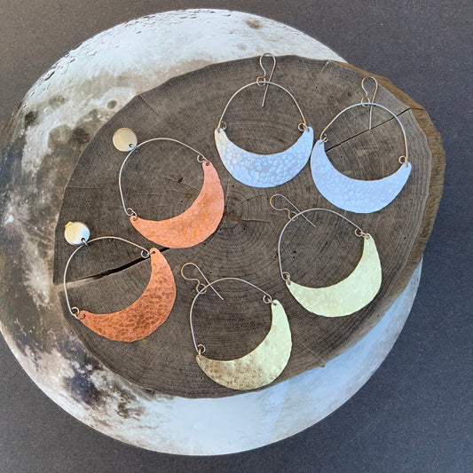 Hammered Copper Crescent Moon Earrings: Handmade Celestial Jewelry