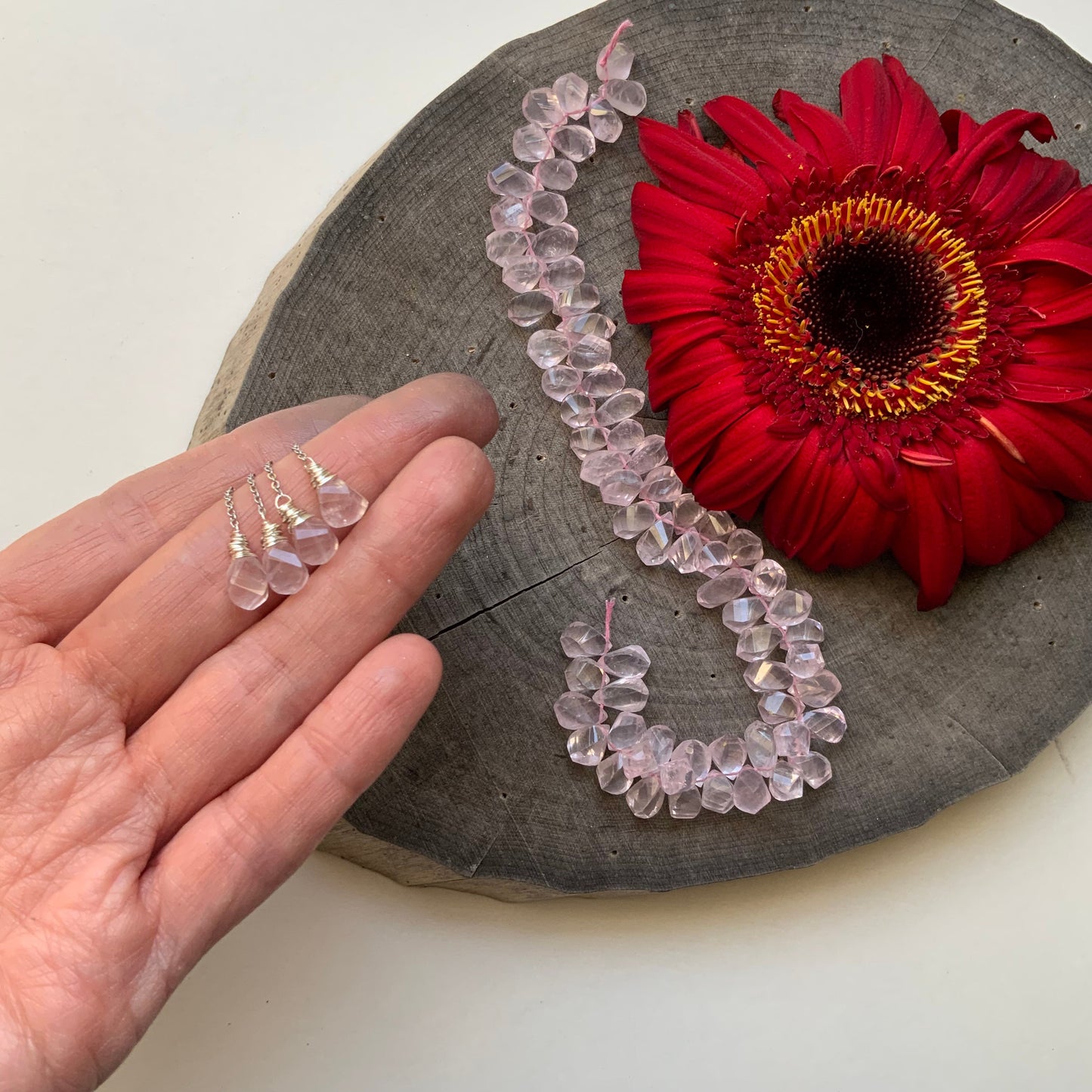 Rose Quartz Threader Earrings: Stainless Steel Chain, Silver Wiring