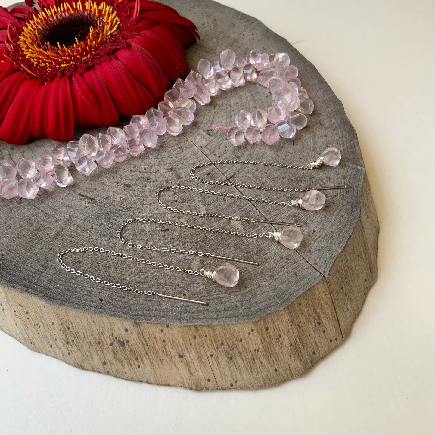 Rose Quartz Threader Earrings: Stainless Steel Chain, Silver Wiring