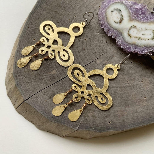 Handmade Hammered Brass Chandelier Earrings: Large Scroll Design