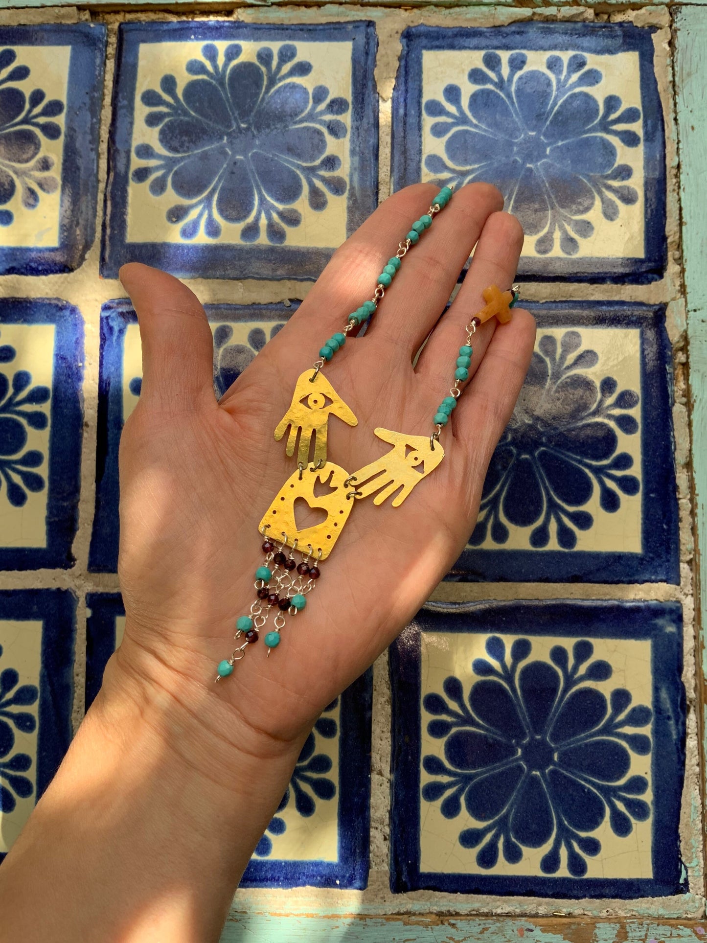 Brass Sacred Heart Necklace: Garnet Fringe, Mexican Folk Art