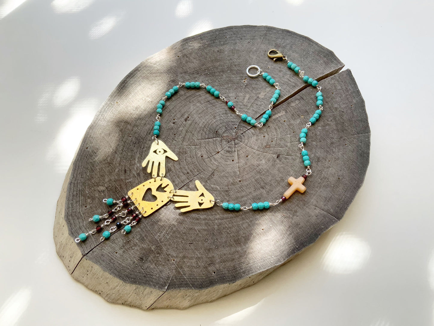 Brass Sacred Heart Necklace: Garnet Fringe, Mexican Folk Art