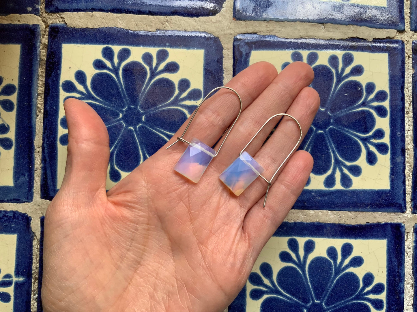 Modern Opalite Quartz hoop earrings, glowing stone hoops