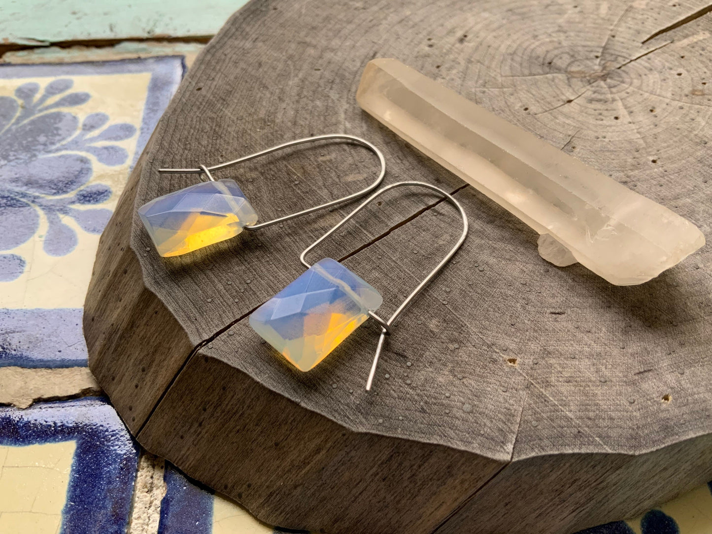 Modern Opalite Quartz hoop earrings, glowing stone hoops