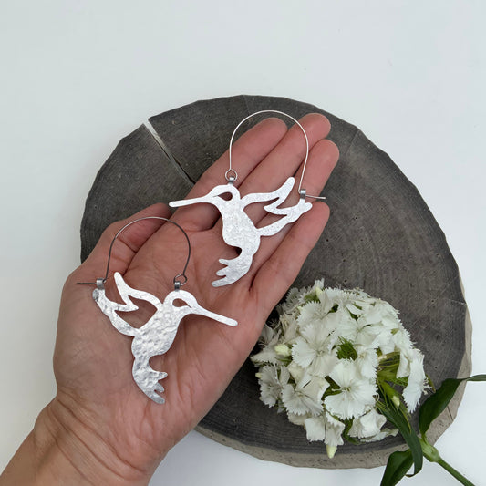 Handmade Hummingbird Hoop Earrings: Aluminum Bird Jewelry