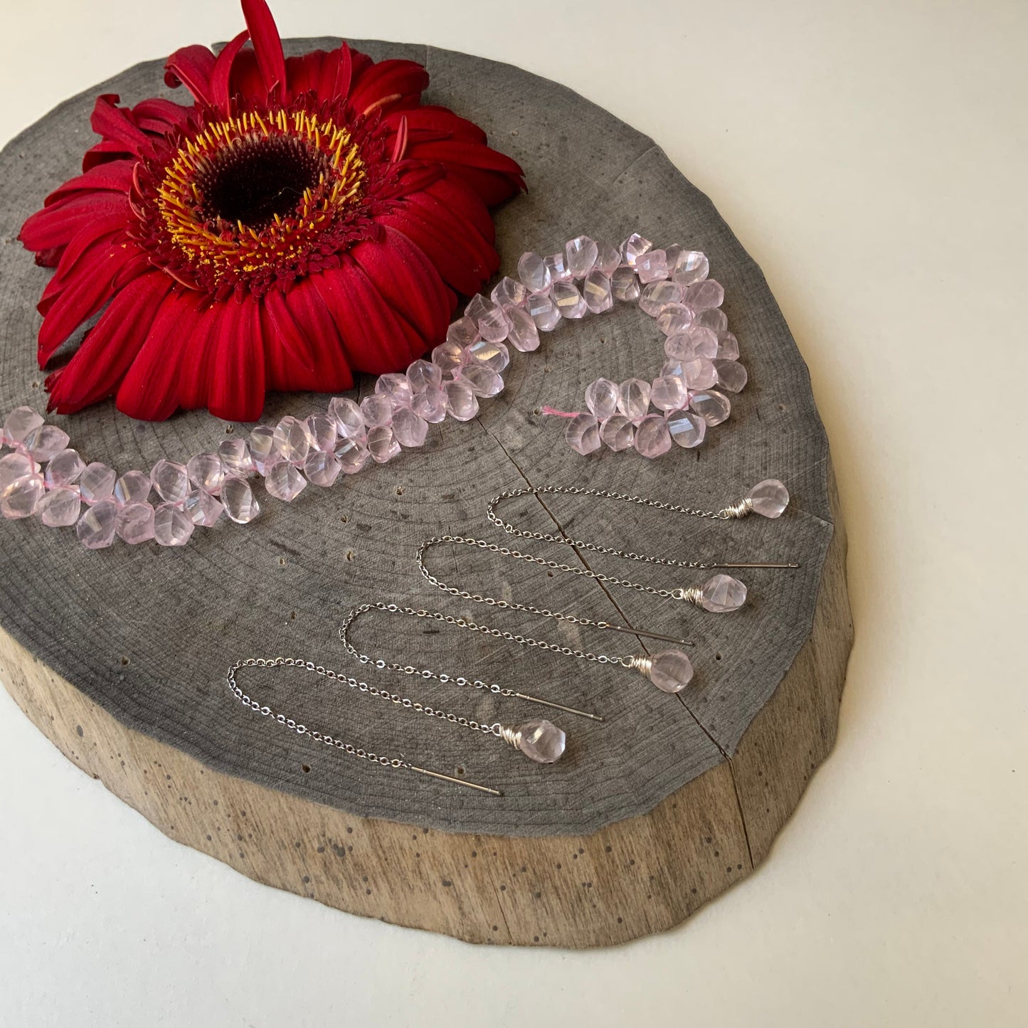 Rose Quartz Threader Earrings: Stainless Steel Chain, Silver Wiring