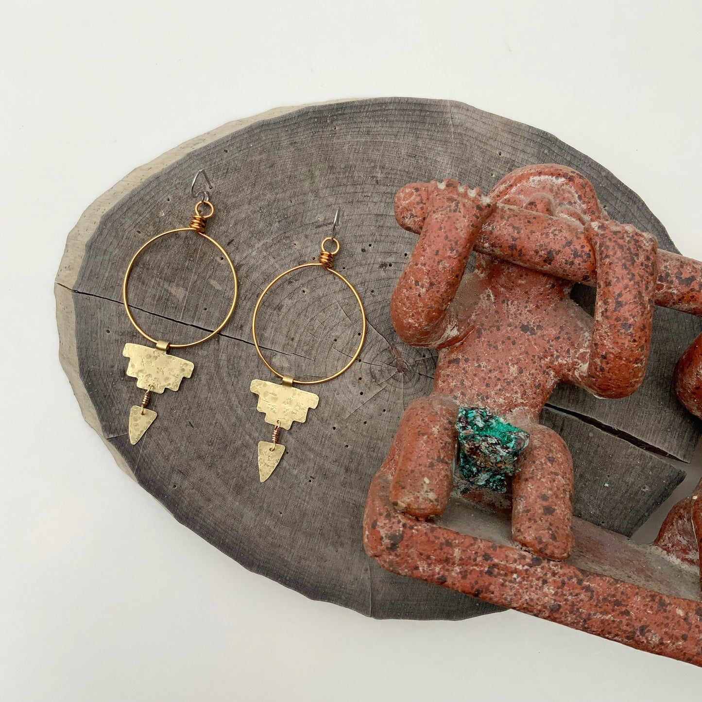 Hammered metal hoops, Pre Columbian dangle earrings, primitive hoop dangles